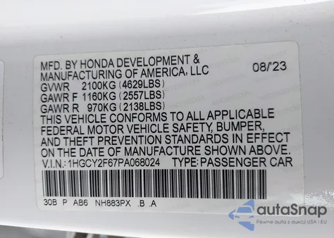 2023 Honda Accord Hybrid Ex-L from USA, damaged, VIN 1HGCY2F67PA068024
